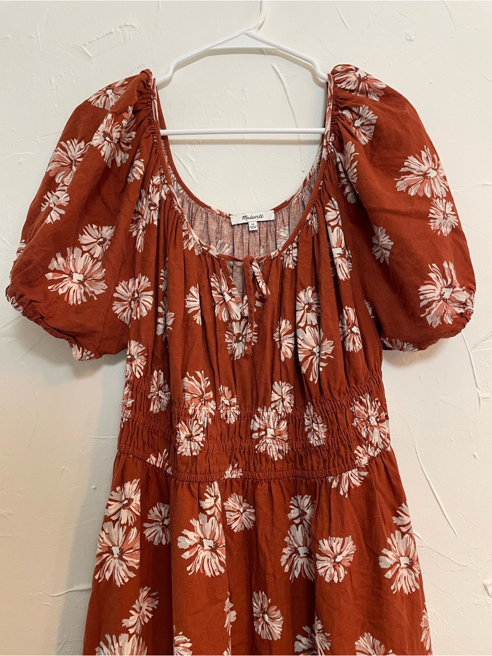 Madewell Sophia Linen-Blend Floral Puff-Sleeve Midi Milkmaid Dress in Rust sz 1X - Picture 2 of 11